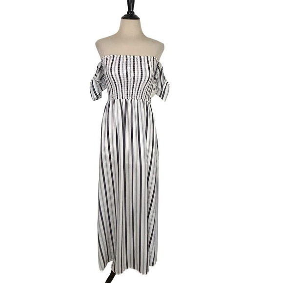 Altar'd State Dresses & Skirts - ALTAR'D STATE New Black White Stripe MAXI DRESS S Off Shoulder Smocked  preppy